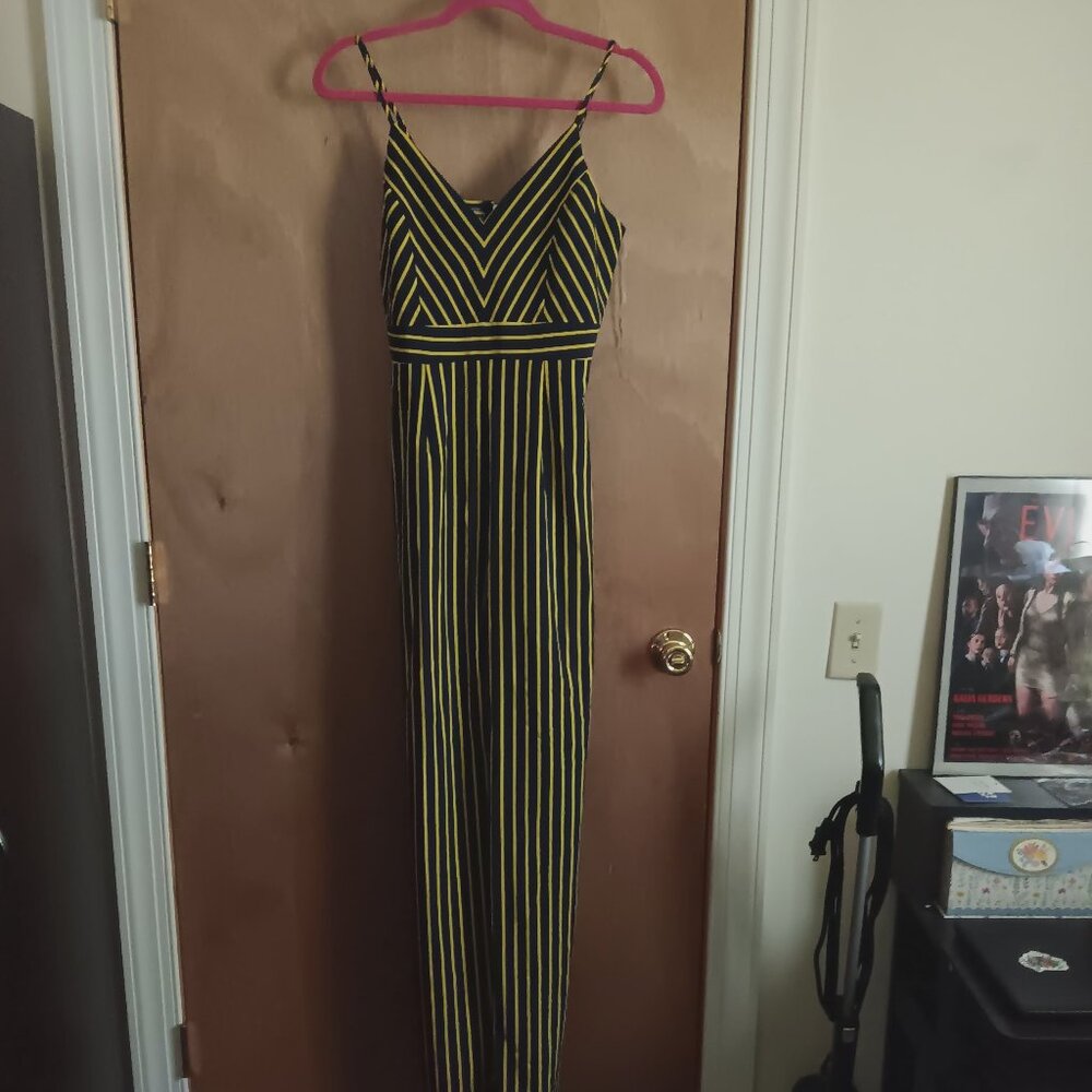 Women Timeless Brand Navy Blue and Golden Yellow Striped Jumpsuit